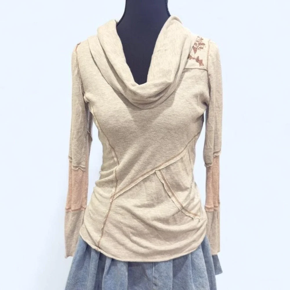 TINY: Anthropologie embroidered thermal with slouchy cowl neck and‎ exposed seam